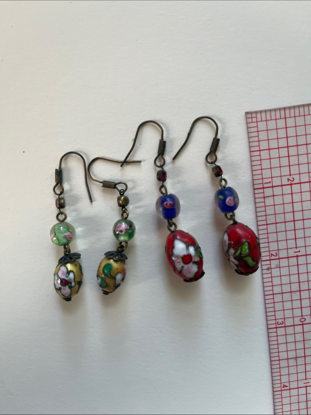 Floral Cloisonné Drop Earrings - Red and Yellow